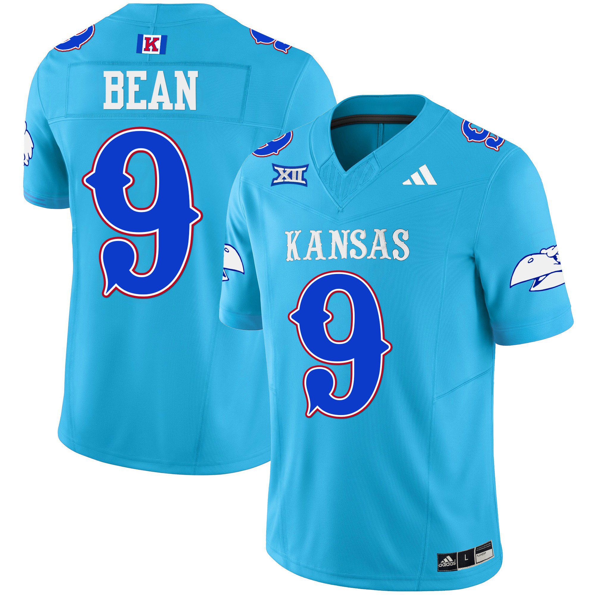 Men Kansas Jayhawks #9 Bean Light Blue 2024 Blackhawk Vapor Limited NCAA Jersey